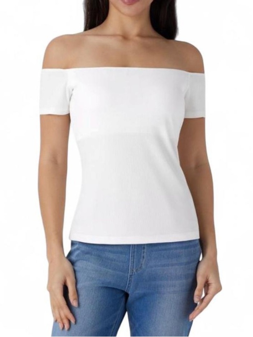 Halara Ribbed Knit Off Shoulder Short Sleeve 2-in-1 Top - NWT White Size M